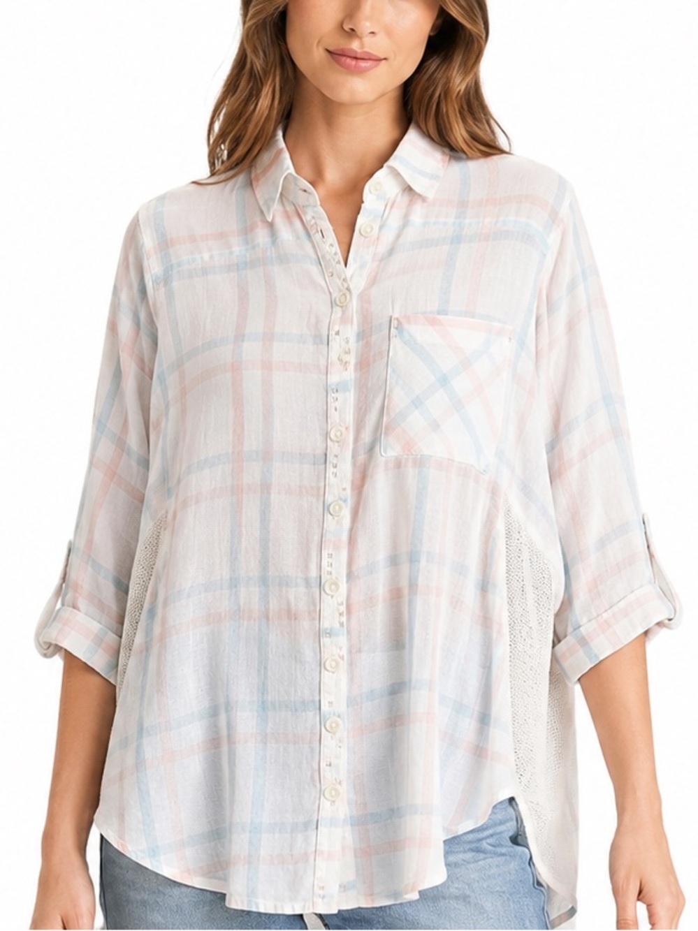 Free People No Limits Plaid Gauze Back Button Down Shirt Medium